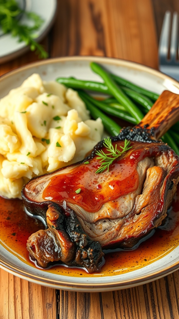 Braised pork jowl served with mashed potatoes and green beans on a rustic table.